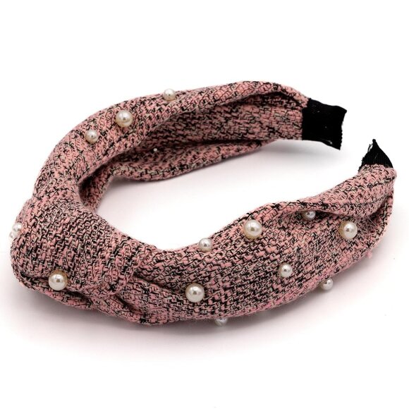Knotted Headband for WomenComfortable Fashion Headband Pink Tweed with Pearl